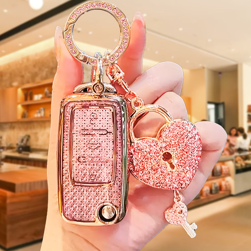 For Volkswagen TPU Car Key Fob Cover with Diamond Pattern, Special Buckle Design, Includes Rhinestone Keychain & Heart-Shaped Charm, Compatible with Sprint Boraie Lavida Golf Polo Models